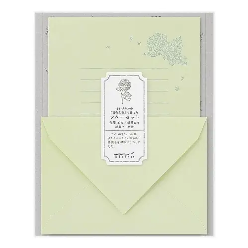 Midori - Buste e Carta da lettere, Letter Set 931 Original Floral-Colored Washi Paper Green A (8 Buste H114 x W162mm e 16 Fogli sciolti H210 x W148mm) [86931006]