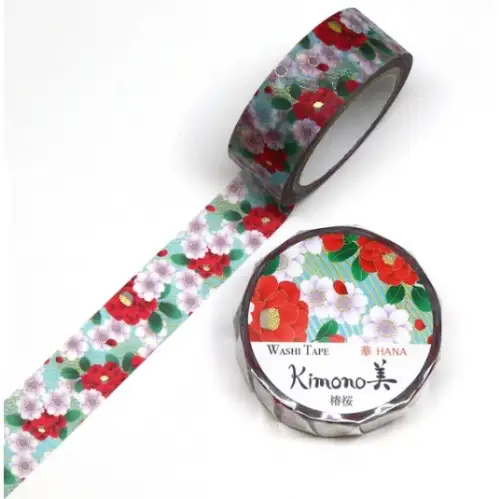 Saien - Washi Tape, Kimono MASKING TAPE Camellia Cherry Blossom [Misura: 15mm x 7m] (GR1047)