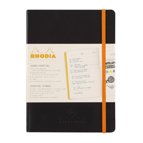 Rhodia - Notebook e Agenda perpetua settimanale orizzontale sulla sinistra e puntini per le note sulla destra [Misura: 14 x 21 cm, con elastico di colore arancione, copertina flessibile di colore nero] 117182C