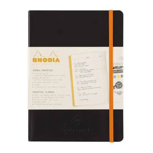 Rhodia - Notebook e Agenda perpetua settimanale orizzontale sulla sinistra e puntini per le note sulla destra [Misura: 14 x 21 cm, con elastico di colore arancione, copertina flessibile di colore nero] 117182C