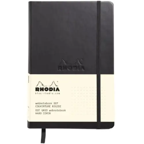 Rhodia - Taccuino Webnotebook A5 puntinato [Misura: 14,8x21cm, 192 pagine, carta Clairefontaine avorita, pesantezza del foglio 90 g/m, chiusura con elastico, copertina rigida di colore nero, simil pelle] Top quality per stilografica