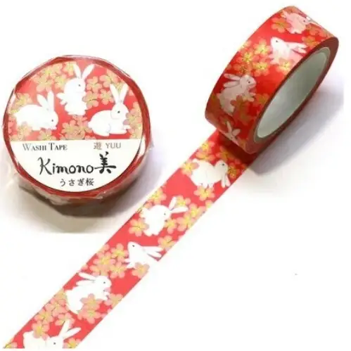 Saien - Washi Tape, Kimono MASKING TAPE, rabbit cherry blossom [Misura: 15mm x 7m] GR2017