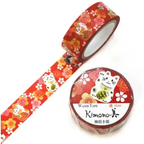 Saien - Washi Tape, Kimono MASKING TAPE Ume Maneki Neko (plum cat) [Misura: 15mm x 7m] GR2059