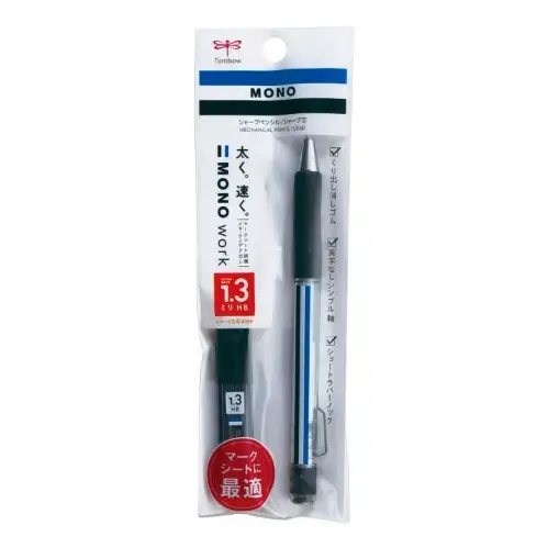 Tombow - Mono Work, Portamine + astuccio di mine grafite 1.3mm, 8 mine (HB), Fusto a Righe Bianche, Nere e Blu, 1.3mm [PCB-251]