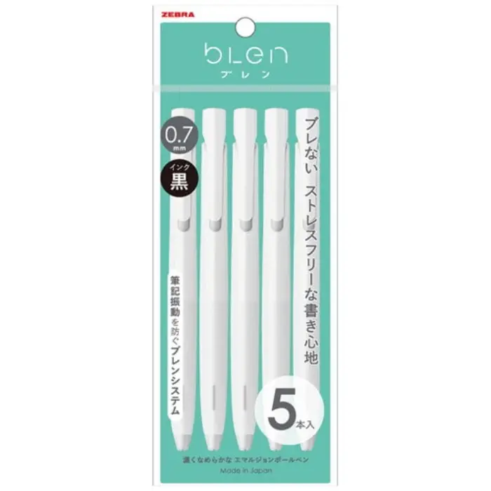 Zebra – Blen 0.7mm, Set da 5 penne, Fusto bianco, Inchiostro nero