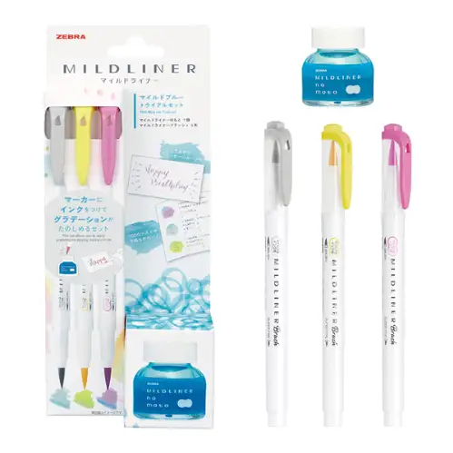 Zebra - Mildliner No Moto Blue set, 3 evidenziatori punta a pennello e boccetta d'inchiostro [SE-WI1-MBL]
