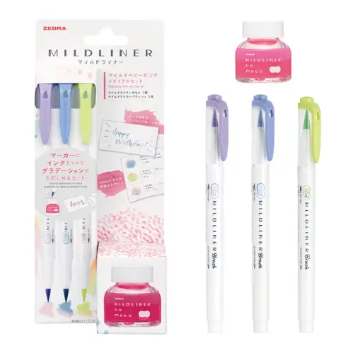 Zebra - Mildliner No Moto Pink set, 3 evidenziatori punta a pennello e boccetta d'inchiostro [SE-WI1-MBP]